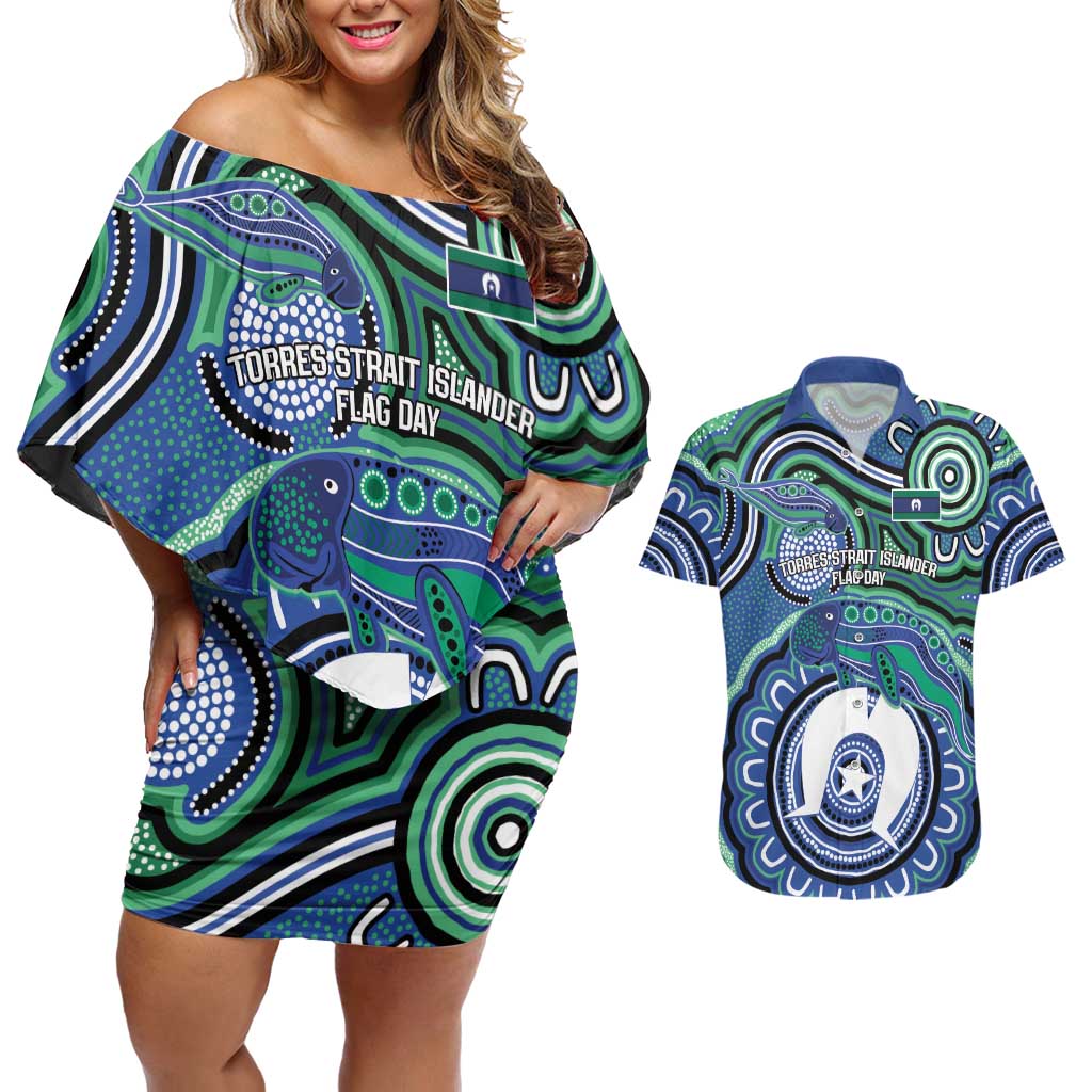Torres Strait Islander Flag Day Personalised Couples Matching Off Shoulder Short Dress and Hawaiian Shirt Dhari Dugongs Sea Cows Aboriginal Art