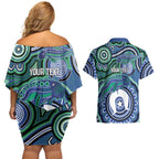 Torres Strait Islander Flag Day Personalised Couples Matching Off Shoulder Short Dress and Hawaiian Shirt Dhari Dugongs Sea Cows Aboriginal Art