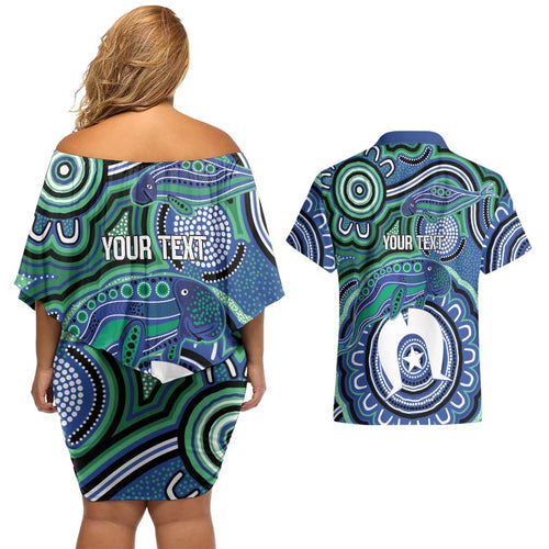 Torres Strait Islander Flag Day Personalised Couples Matching Off Shoulder Short Dress and Hawaiian Shirt Dhari Dugongs Sea Cows Aboriginal Art
