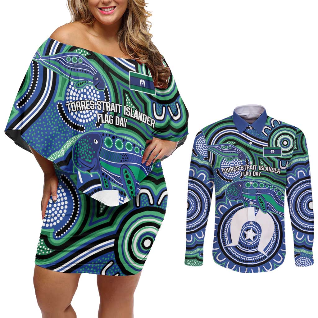 Torres Strait Islander Flag Day Personalised Couples Matching Off Shoulder Short Dress and Long Sleeve Button Shirt Dhari Dugongs Sea Cows Aboriginal Art