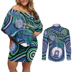Torres Strait Islander Flag Day Personalised Couples Matching Off Shoulder Short Dress and Long Sleeve Button Shirt Dhari Dugongs Sea Cows Aboriginal Art
