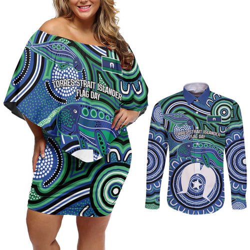 Torres Strait Islander Flag Day Personalised Couples Matching Off Shoulder Short Dress and Long Sleeve Button Shirt Dhari Dugongs Sea Cows Aboriginal Art