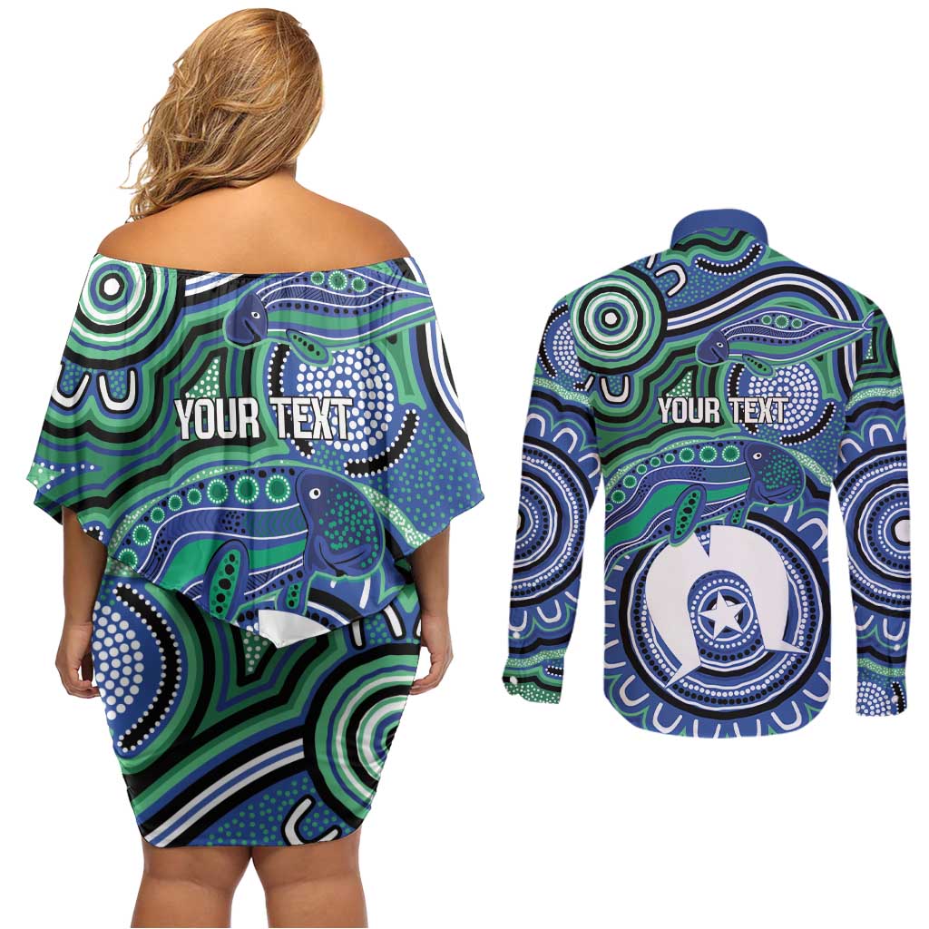 Torres Strait Islander Flag Day Personalised Couples Matching Off Shoulder Short Dress and Long Sleeve Button Shirt Dhari Dugongs Sea Cows Aboriginal Art