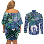 Torres Strait Islander Flag Day Personalised Couples Matching Off Shoulder Short Dress and Long Sleeve Button Shirt Dhari Dugongs Sea Cows Aboriginal Art