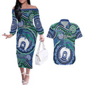 Torres Strait Islander Flag Day Personalised Couples Matching Off The Shoulder Long Sleeve Dress and Hawaiian Shirt Dhari Dugongs Sea Cows Aboriginal Art