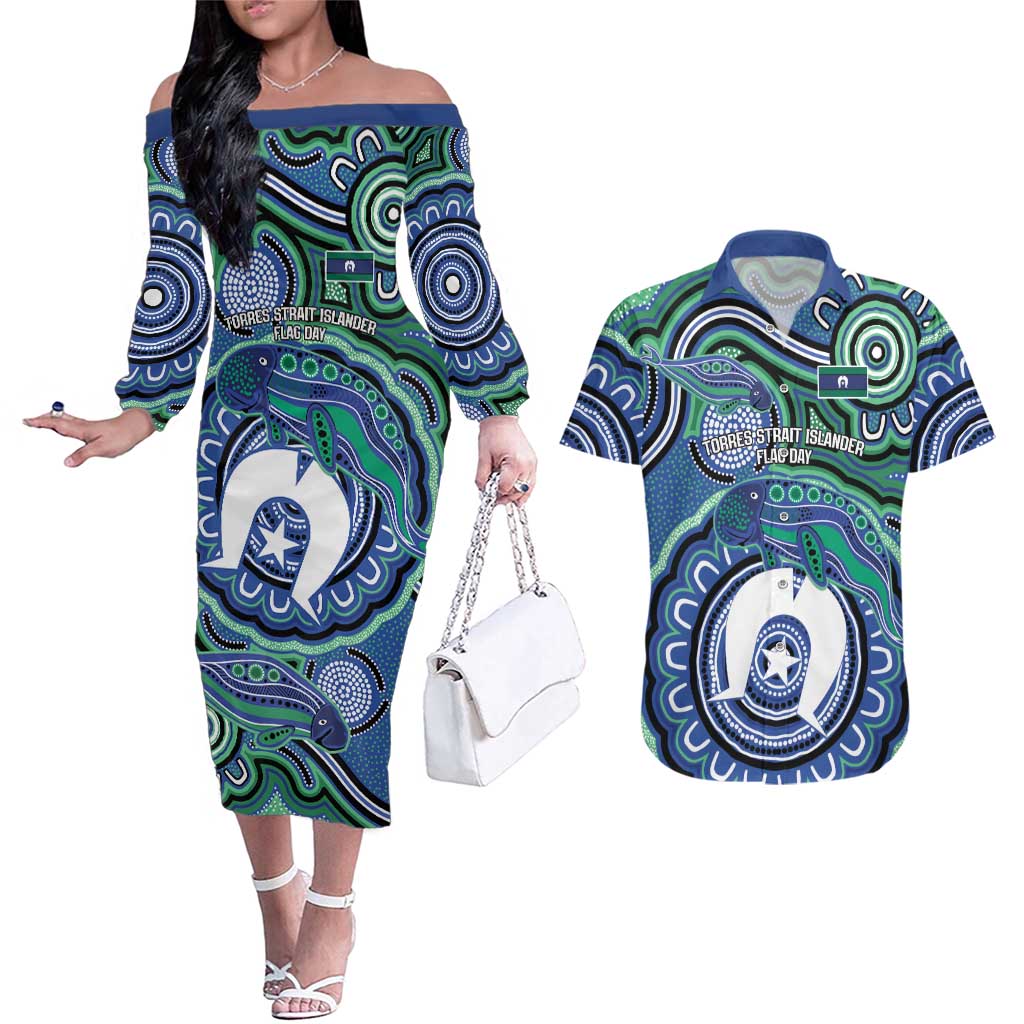 Torres Strait Islander Flag Day Personalised Couples Matching Off The Shoulder Long Sleeve Dress and Hawaiian Shirt Dhari Dugongs Sea Cows Aboriginal Art