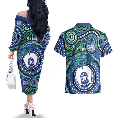 Torres Strait Islander Flag Day Personalised Couples Matching Off The Shoulder Long Sleeve Dress and Hawaiian Shirt Dhari Dugongs Sea Cows Aboriginal Art