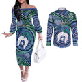 Torres Strait Islander Flag Day Personalised Couples Matching Off The Shoulder Long Sleeve Dress and Long Sleeve Button Shirt Dhari Dugongs Sea Cows Aboriginal Art