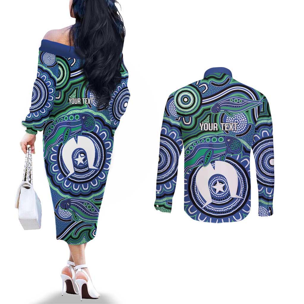 Torres Strait Islander Flag Day Personalised Couples Matching Off The Shoulder Long Sleeve Dress and Long Sleeve Button Shirt Dhari Dugongs Sea Cows Aboriginal Art