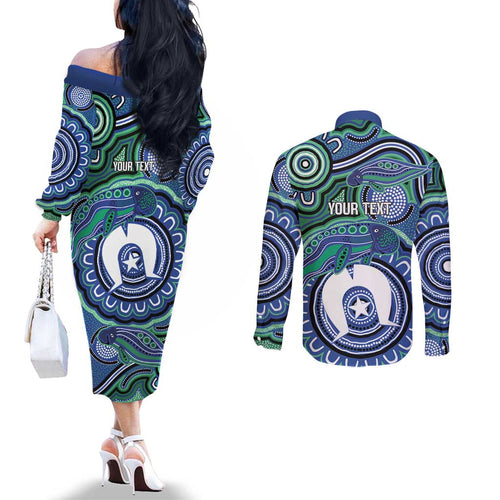 Torres Strait Islander Flag Day Personalised Couples Matching Off The Shoulder Long Sleeve Dress and Long Sleeve Button Shirt Dhari Dugongs Sea Cows Aboriginal Art