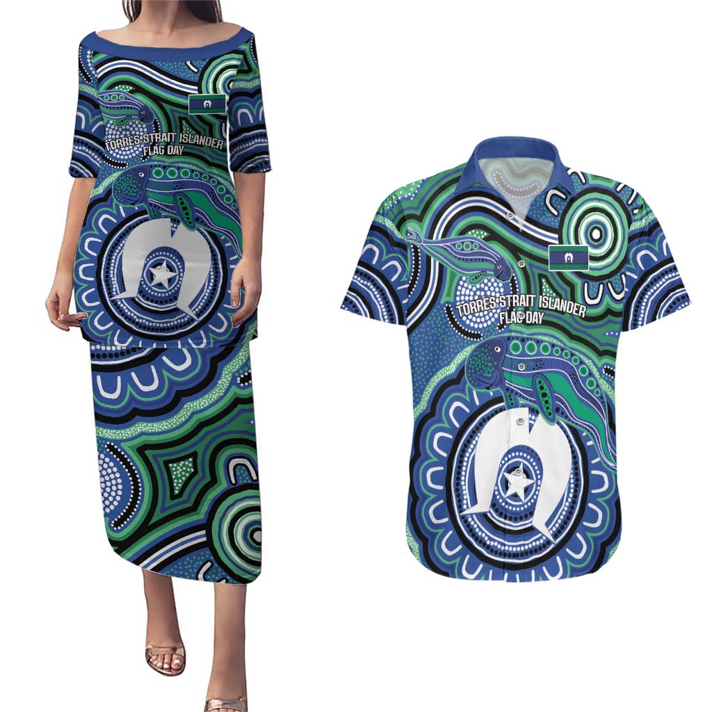 Torres Strait Islander Flag Day Personalised Couples Matching Puletasi and Hawaiian Shirt Dhari Dugongs Sea Cows Aboriginal Art