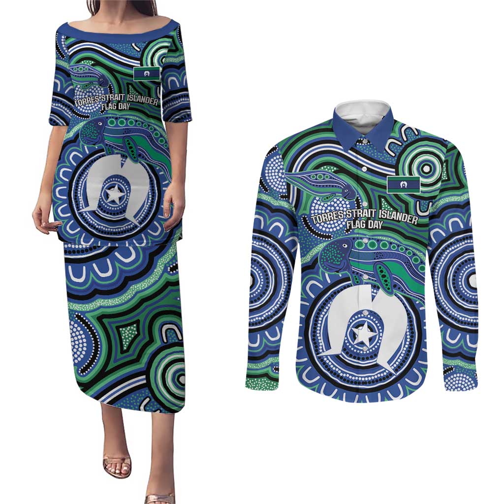 Torres Strait Islander Flag Day Personalised Couples Matching Puletasi and Long Sleeve Button Shirt Dhari Dugongs Sea Cows Aboriginal Art