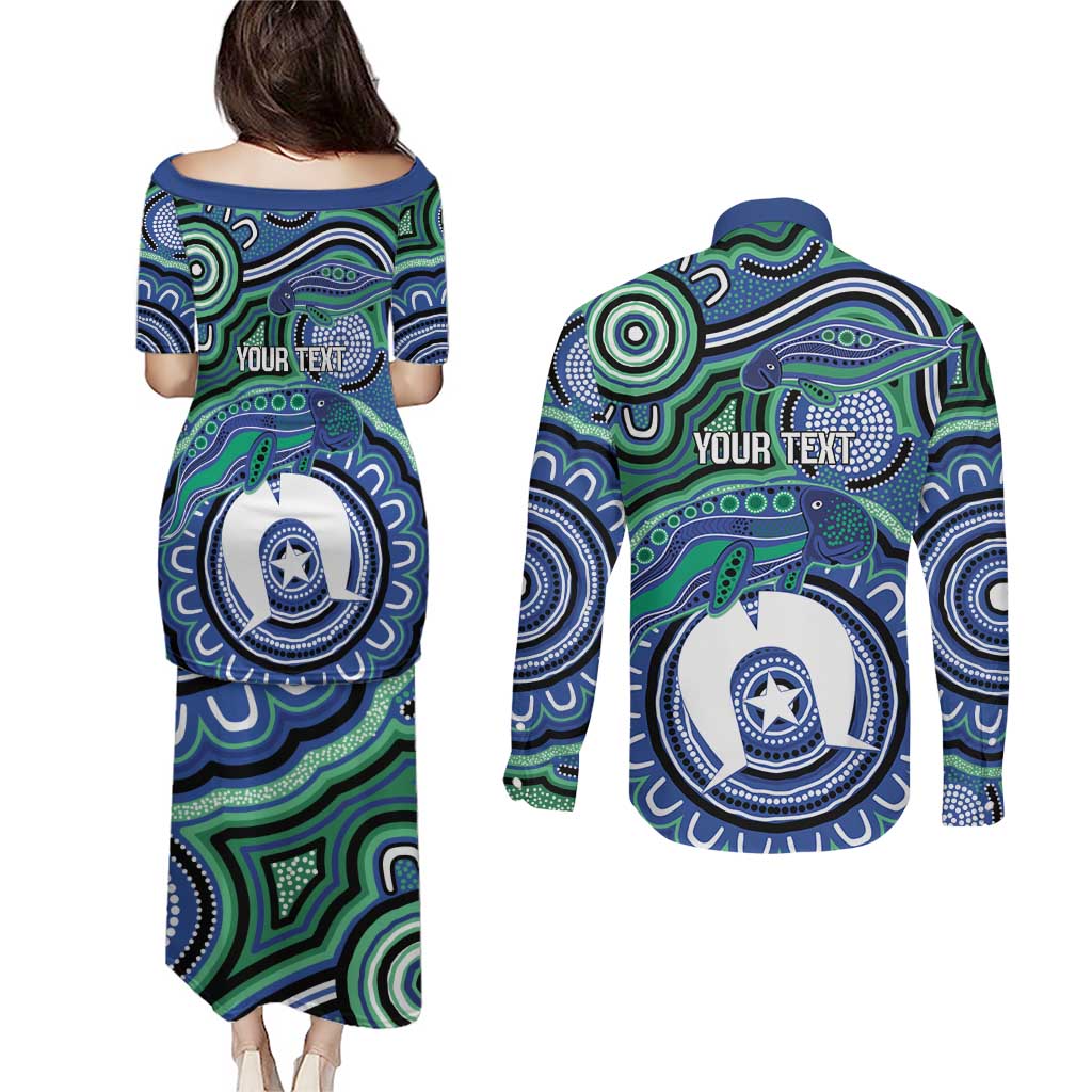 Torres Strait Islander Flag Day Personalised Couples Matching Puletasi and Long Sleeve Button Shirt Dhari Dugongs Sea Cows Aboriginal Art