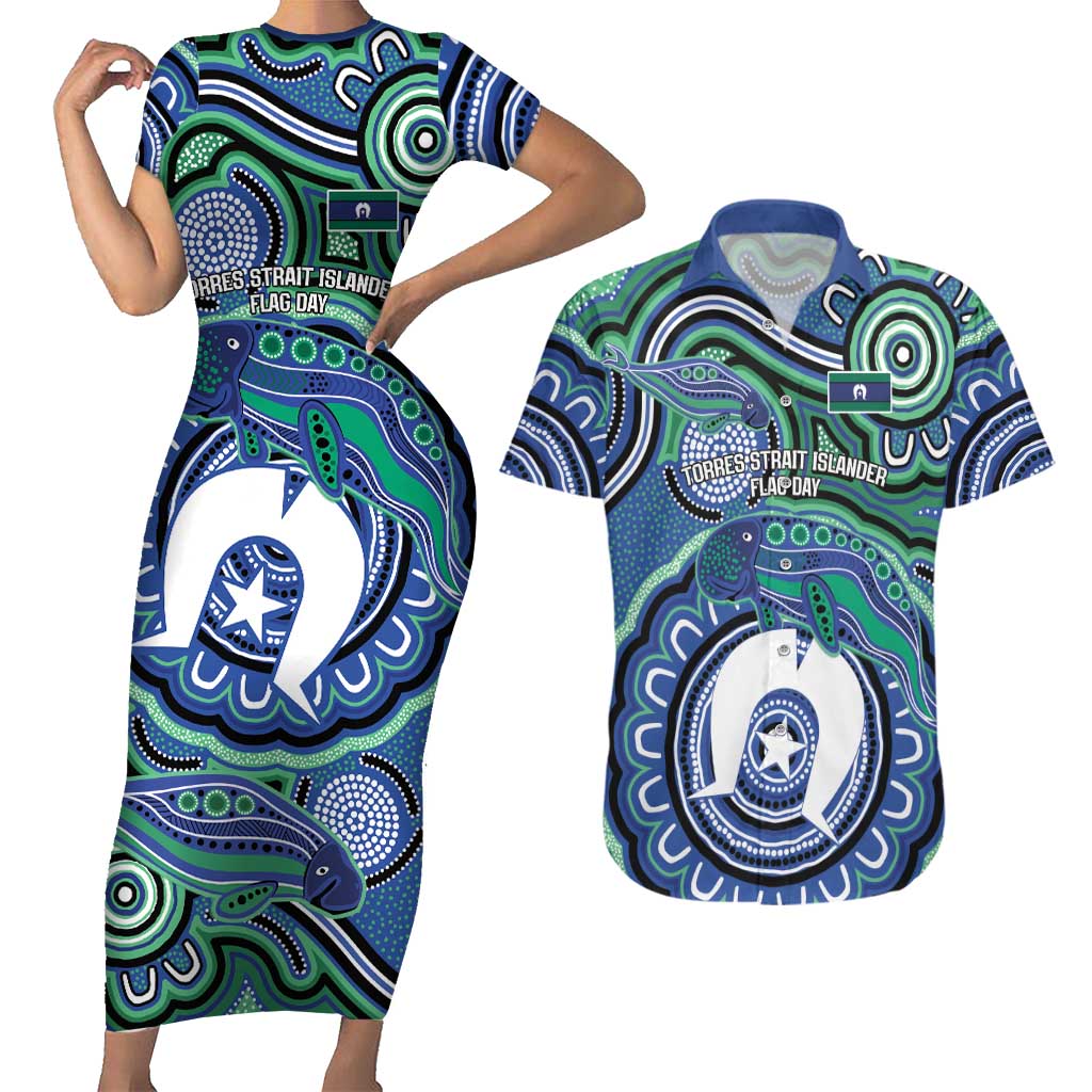 Torres Strait Islander Flag Day Personalised Couples Matching Short Sleeve Bodycon Dress and Hawaiian Shirt Dhari Dugongs Sea Cows Aboriginal Art
