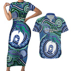 Torres Strait Islander Flag Day Personalised Couples Matching Short Sleeve Bodycon Dress and Hawaiian Shirt Dhari Dugongs Sea Cows Aboriginal Art