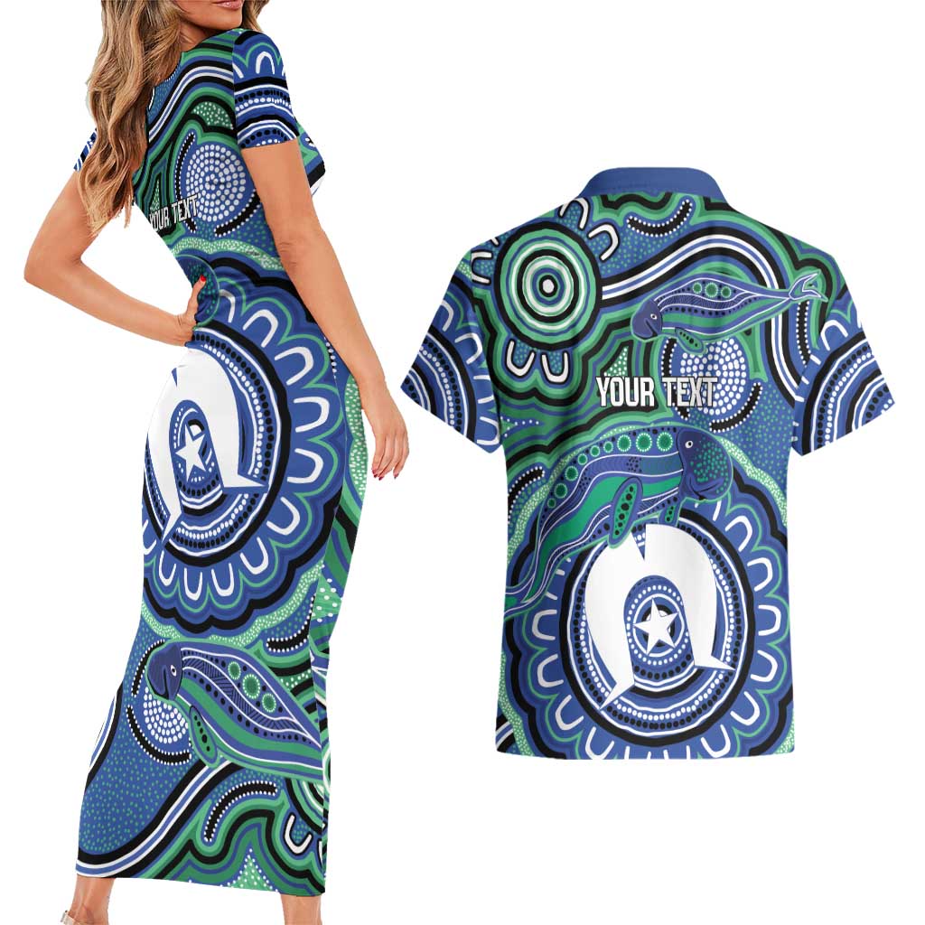 Torres Strait Islander Flag Day Personalised Couples Matching Short Sleeve Bodycon Dress and Hawaiian Shirt Dhari Dugongs Sea Cows Aboriginal Art