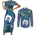 Torres Strait Islander Flag Day Personalised Couples Matching Short Sleeve Bodycon Dress and Long Sleeve Button Shirt Dhari Dugongs Sea Cows Aboriginal Art