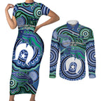 Torres Strait Islander Flag Day Personalised Couples Matching Short Sleeve Bodycon Dress and Long Sleeve Button Shirt Dhari Dugongs Sea Cows Aboriginal Art