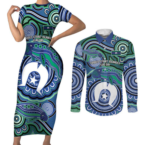 Torres Strait Islander Flag Day Personalised Couples Matching Short Sleeve Bodycon Dress and Long Sleeve Button Shirt Dhari Dugongs Sea Cows Aboriginal Art