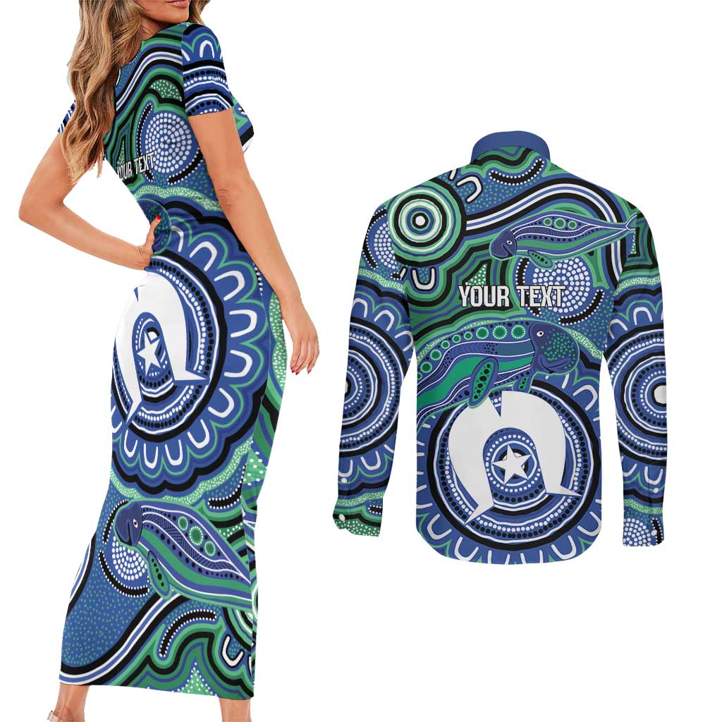 Torres Strait Islander Flag Day Personalised Couples Matching Short Sleeve Bodycon Dress and Long Sleeve Button Shirt Dhari Dugongs Sea Cows Aboriginal Art