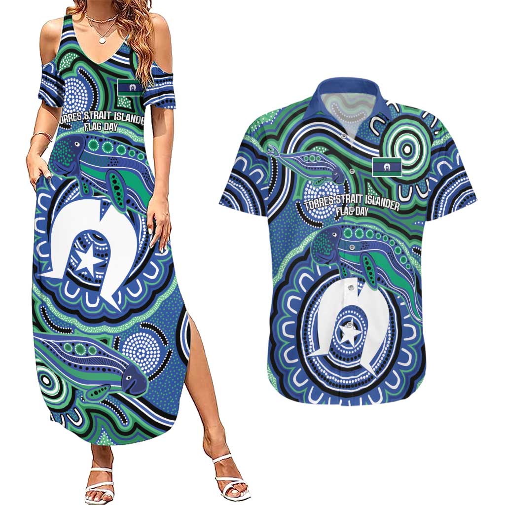 Torres Strait Islander Flag Day Personalised Couples Matching Summer Maxi Dress and Hawaiian Shirt Dhari Dugongs Sea Cows Aboriginal Art