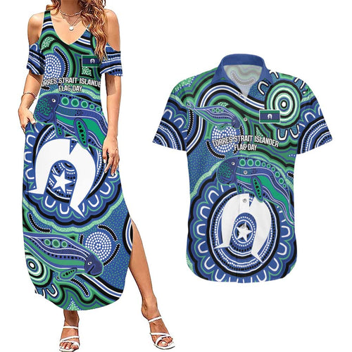 Torres Strait Islander Flag Day Personalised Couples Matching Summer Maxi Dress and Hawaiian Shirt Dhari Dugongs Sea Cows Aboriginal Art