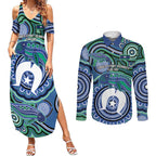 Torres Strait Islander Flag Day Personalised Couples Matching Summer Maxi Dress and Long Sleeve Button Shirt Dhari Dugongs Sea Cows Aboriginal Art