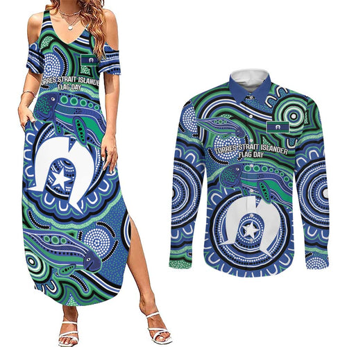 Torres Strait Islander Flag Day Personalised Couples Matching Summer Maxi Dress and Long Sleeve Button Shirt Dhari Dugongs Sea Cows Aboriginal Art