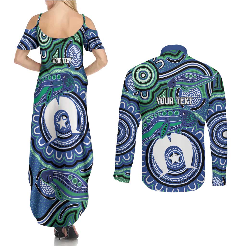 Torres Strait Islander Flag Day Personalised Couples Matching Summer Maxi Dress and Long Sleeve Button Shirt Dhari Dugongs Sea Cows Aboriginal Art