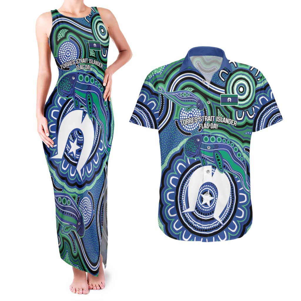 Torres Strait Islander Flag Day Personalised Couples Matching Tank Maxi Dress and Hawaiian Shirt Dhari Dugongs Sea Cows Aboriginal Art