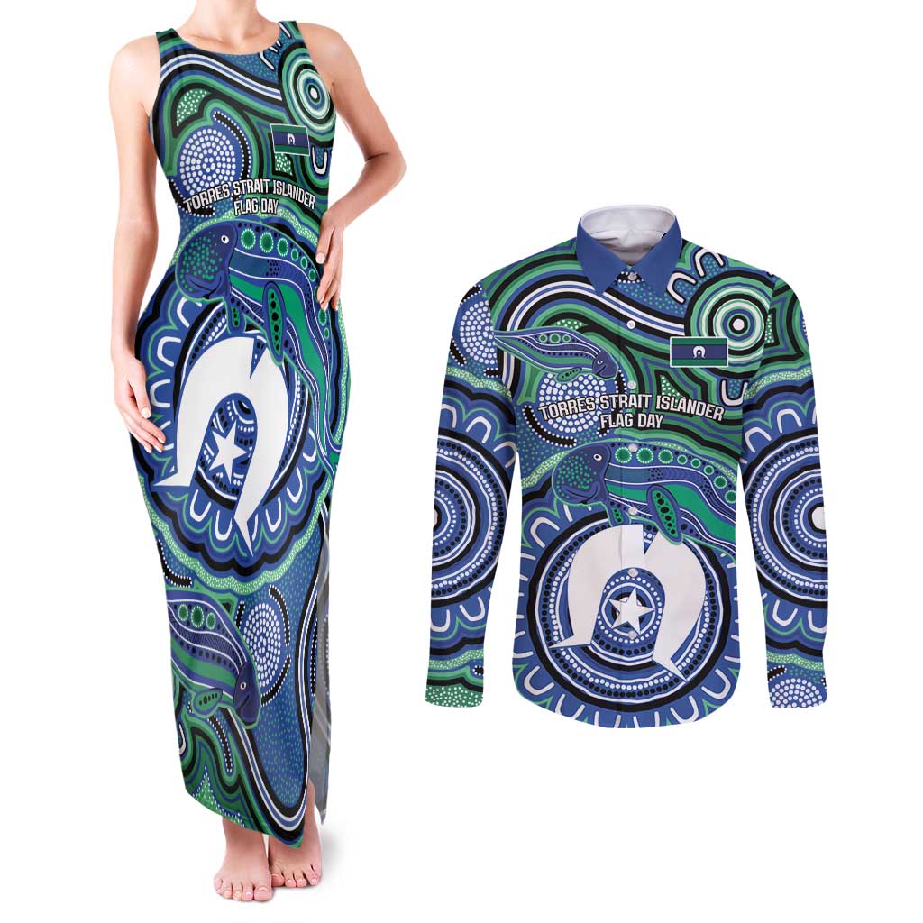 Torres Strait Islander Flag Day Personalised Couples Matching Tank Maxi Dress and Long Sleeve Button Shirt Dhari Dugongs Sea Cows Aboriginal Art