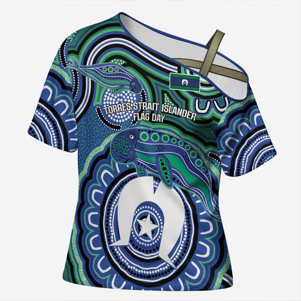 Torres Strait Islander Flag Day Personalised Cross Shoulder Shirt Dhari Dugongs Sea Cows Aboriginal Art