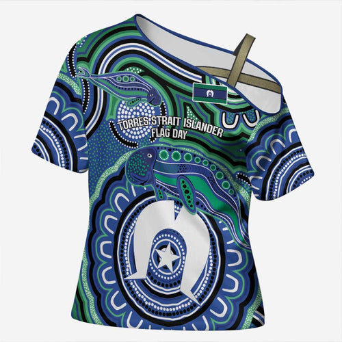 Torres Strait Islander Flag Day Personalised Cross Shoulder Shirt Dhari Dugongs Sea Cows Aboriginal Art