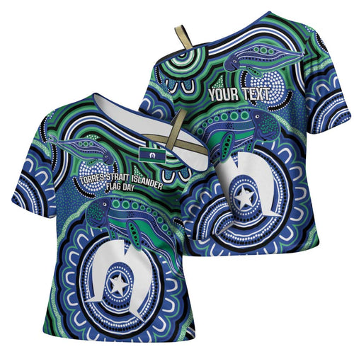 Torres Strait Islander Flag Day Personalised Cross Shoulder Shirt Dhari Dugongs Sea Cows Aboriginal Art
