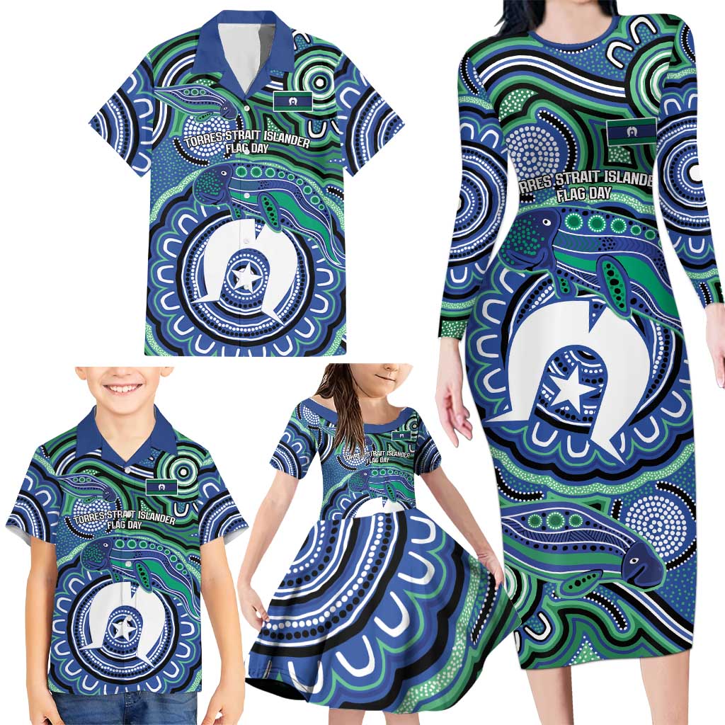 Torres Strait Islander Flag Day Personalised Family Matching Long Sleeve Bodycon Dress and Hawaiian Shirt Dhari Dugongs Sea Cows Aboriginal Art