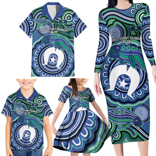 Torres Strait Islander Flag Day Personalised Family Matching Long Sleeve Bodycon Dress and Hawaiian Shirt Dhari Dugongs Sea Cows Aboriginal Art