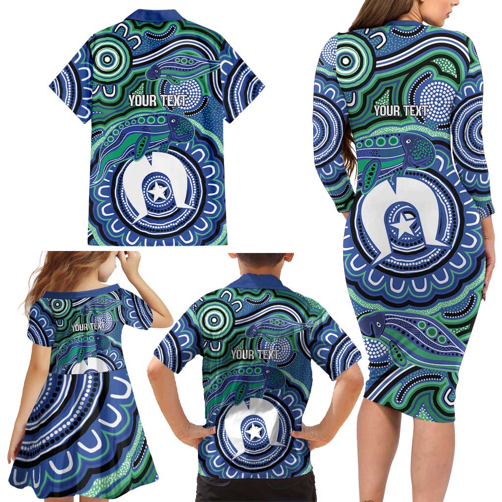 Torres Strait Islander Flag Day Personalised Family Matching Long Sleeve Bodycon Dress and Hawaiian Shirt Dhari Dugongs Sea Cows Aboriginal Art