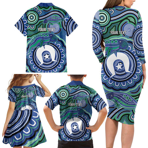 Torres Strait Islander Flag Day Personalised Family Matching Long Sleeve Bodycon Dress and Hawaiian Shirt Dhari Dugongs Sea Cows Aboriginal Art