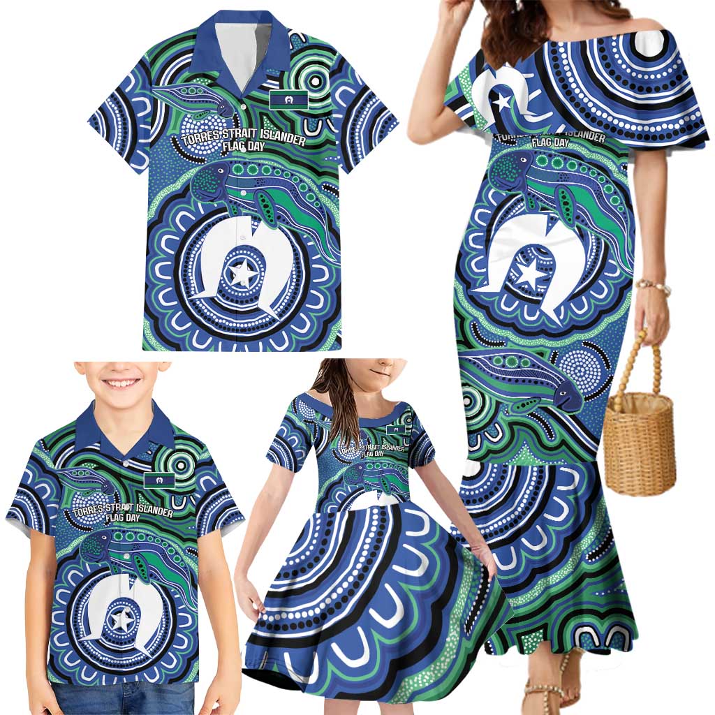 Torres Strait Islander Flag Day Personalised Family Matching Mermaid Dress and Hawaiian Shirt Dhari Dugongs Sea Cows Aboriginal Art