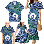 Torres Strait Islander Flag Day Personalised Family Matching Mermaid Dress and Hawaiian Shirt Dhari Dugongs Sea Cows Aboriginal Art