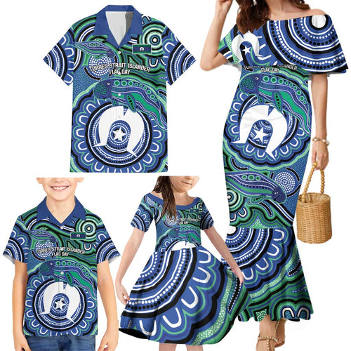 Torres Strait Islander Flag Day Personalised Family Matching Mermaid Dress and Hawaiian Shirt Dhari Dugongs Sea Cows Aboriginal Art
