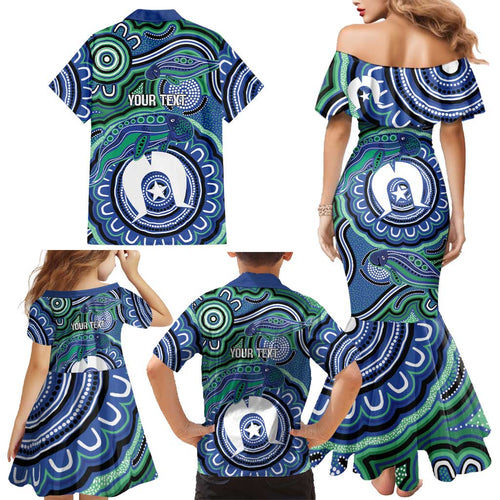 Torres Strait Islander Flag Day Personalised Family Matching Mermaid Dress and Hawaiian Shirt Dhari Dugongs Sea Cows Aboriginal Art