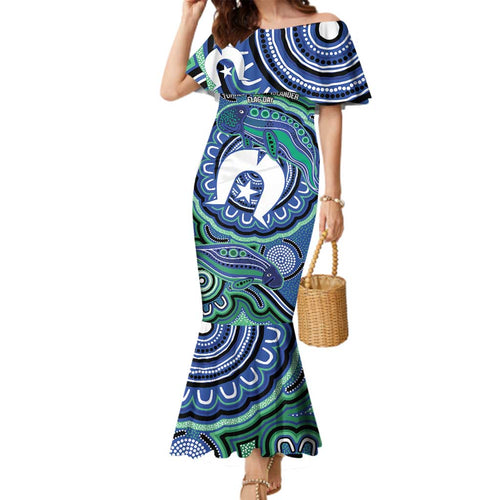 Torres Strait Islander Flag Day Personalised Family Matching Mermaid Dress and Hawaiian Shirt Dhari Dugongs Sea Cows Aboriginal Art