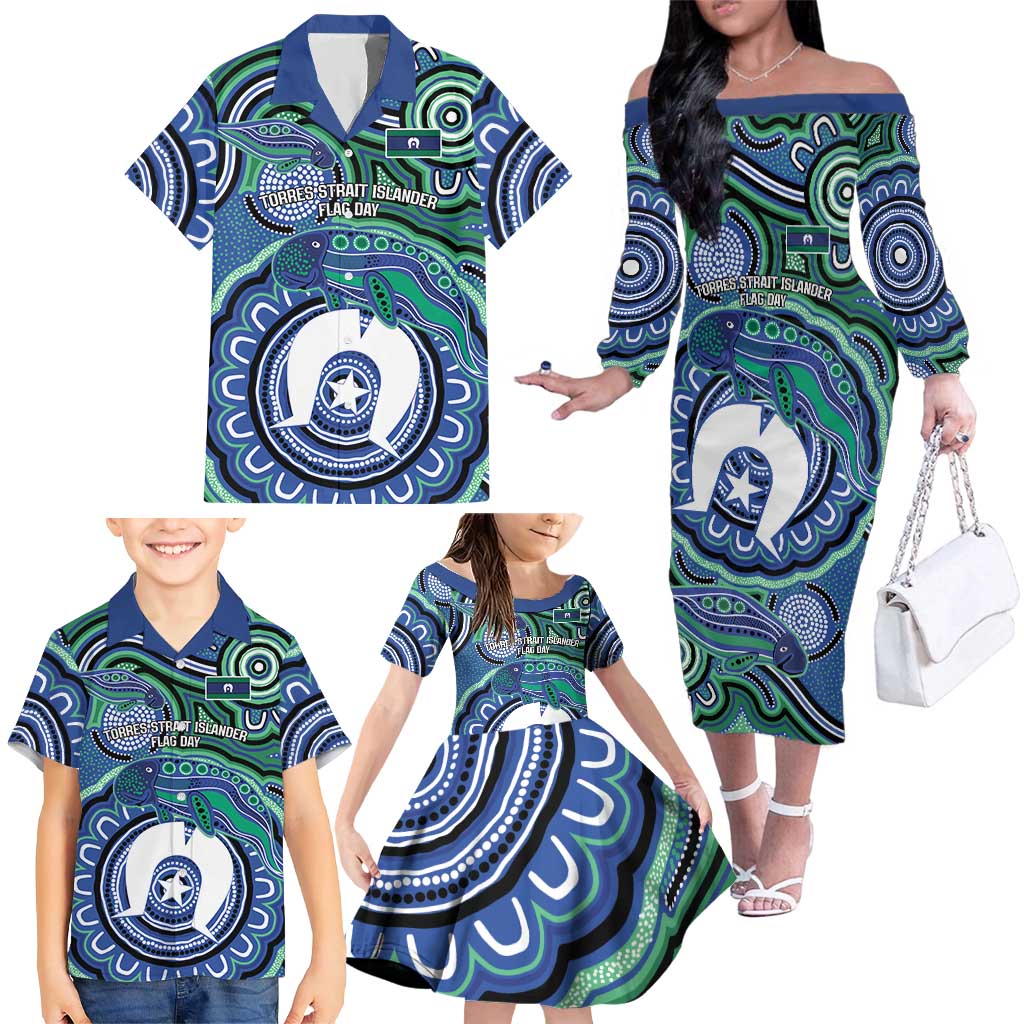 Torres Strait Islander Flag Day Personalised Family Matching Off The Shoulder Long Sleeve Dress and Hawaiian Shirt Dhari Dugongs Sea Cows Aboriginal Art