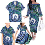 Torres Strait Islander Flag Day Personalised Family Matching Off The Shoulder Long Sleeve Dress and Hawaiian Shirt Dhari Dugongs Sea Cows Aboriginal Art