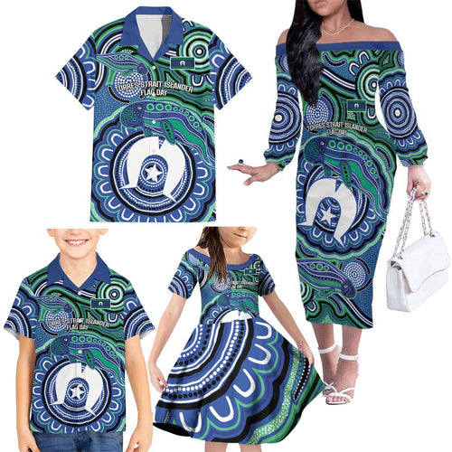 Torres Strait Islander Flag Day Personalised Family Matching Off The Shoulder Long Sleeve Dress and Hawaiian Shirt Dhari Dugongs Sea Cows Aboriginal Art