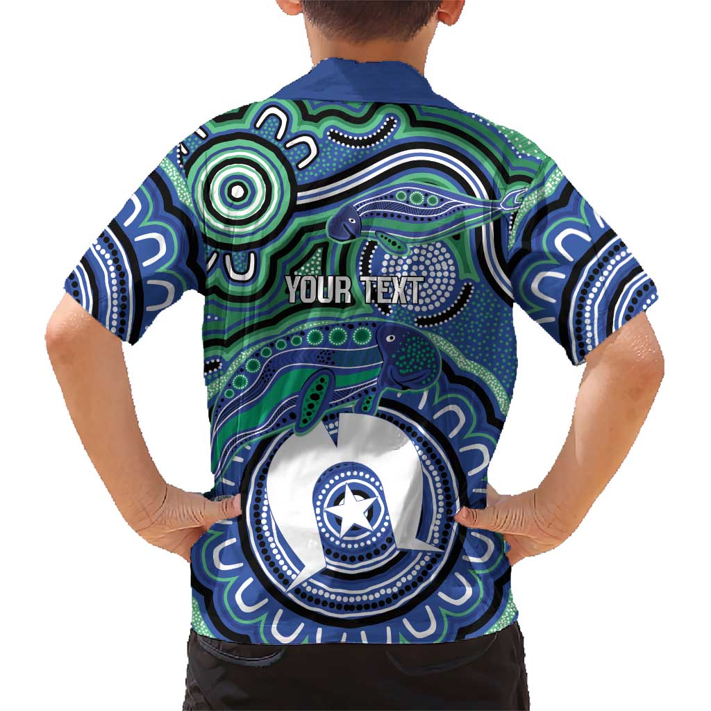 Torres Strait Islander Flag Day Personalised Family Matching Off The Shoulder Long Sleeve Dress and Hawaiian Shirt Dhari Dugongs Sea Cows Aboriginal Art