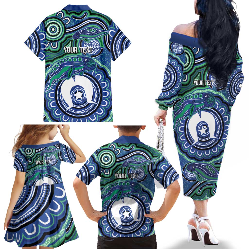 Torres Strait Islander Flag Day Personalised Family Matching Off The Shoulder Long Sleeve Dress and Hawaiian Shirt Dhari Dugongs Sea Cows Aboriginal Art