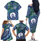 Torres Strait Islander Flag Day Personalised Family Matching Off The Shoulder Long Sleeve Dress and Hawaiian Shirt Dhari Dugongs Sea Cows Aboriginal Art
