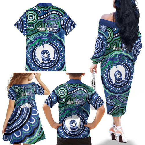 Torres Strait Islander Flag Day Personalised Family Matching Off The Shoulder Long Sleeve Dress and Hawaiian Shirt Dhari Dugongs Sea Cows Aboriginal Art